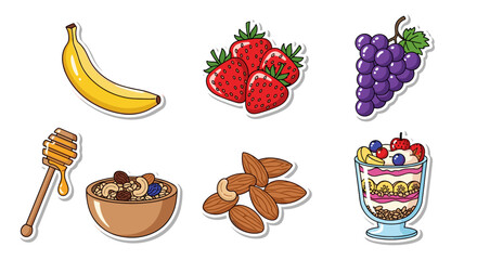 Colorful fruit and nut assortment with honey and muesli bowl in cartoon style