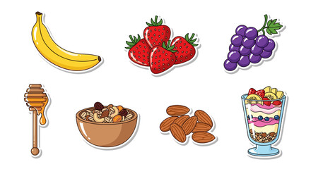 Colorful assorted fruits and nuts with honey and parfait in sticker style