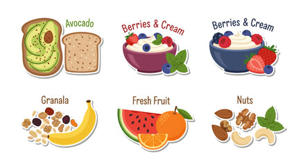 Healthy breakfast foods: avocado toast, berries with cream, and nut mix