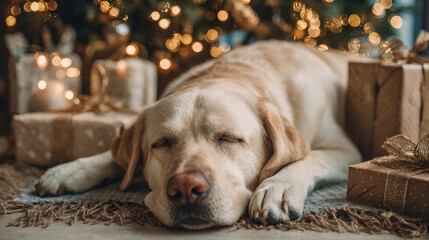 Cute dog sleeping beside neutral gift boxes and soft Christmas tree lights, cozy lifestyle scene.