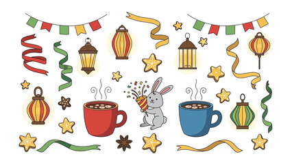 Festive Illustration: A charming assortment of party decorations, stars, lanterns, and other festive items, including a rabbit holding a party favor, adorn a colorful display.