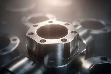 Detailed metallic geometric housing component with internal circular openings and surrounding blurred machinery parts