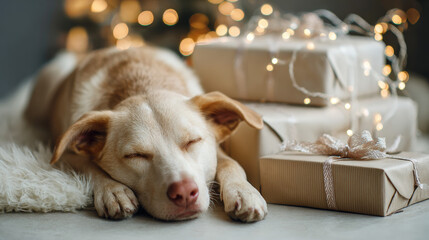 Cute dog sleeping beside neutral gift boxes and soft Christmas tree lights, cozy lifestyle scene.