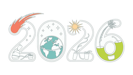 Vision for 2026: An optimistic and creative design showcasing the year 2026, filled with illustrations hinting at environmental and futuristic concepts.