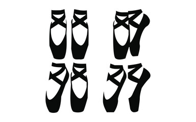 Four pairs of black ballet pointe shoes on a white background