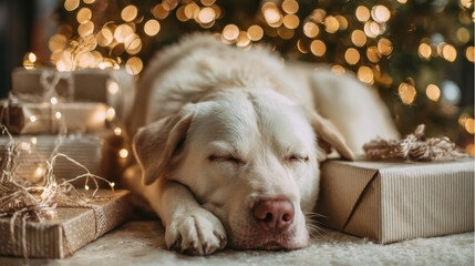 Cute dog sleeping beside neutral gift boxes and soft Christmas tree lights, cozy lifestyle scene.