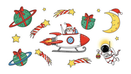 Santa's Celestial Journey: A whimsical illustration of Santa Claus embarking on a cosmic adventure, soaring through space with rockets and festive gifts, surrounded by planets, stars.