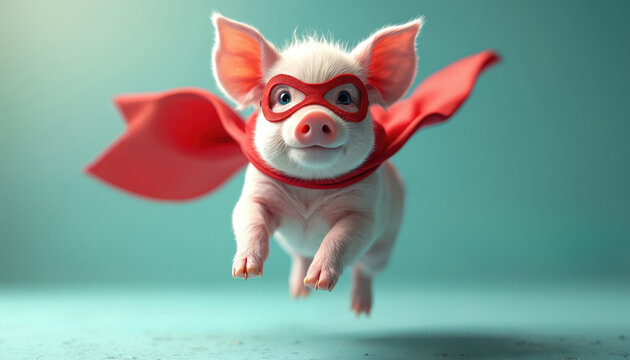 Cute cartoon pig wears superhero mask and red cape. Pink farm animal flies in air with spread arms, ready for action. Adorable piglet character has fun.