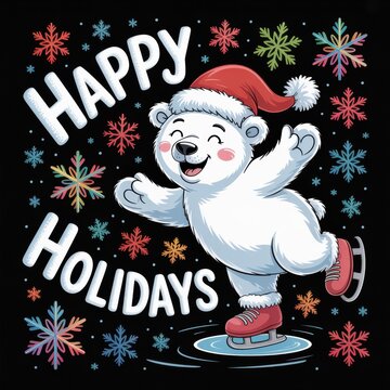 Happy Holidays Polar Bear Ice Skating With Snowflakes