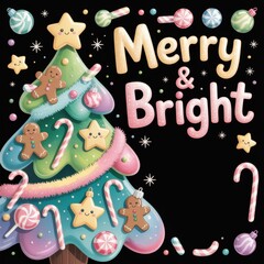 Naklejka premium Merry and Bright Christmas Tree with Candies and Gingerbread