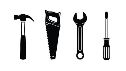 A collection of common hand tools including a hammer saw wrench and screwdriver