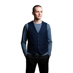 Fototapeta premium A confident man with short hair wearing a blue sweater and a dark vest stands with hands in pockets isolated on transparent background