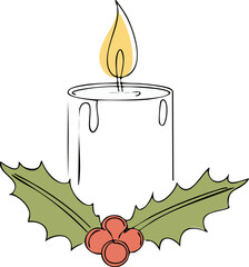 Elegant One-Line Drawing of Candle with Holly Leaves, Christmas Decoration Vector Outline