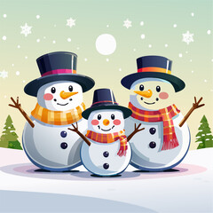 Cute Snowman Family with Hats and Scarves on Pastel Winter Background – Vector Illustration