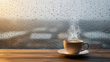 White porcelain china mug of hot coffee beverage on a brown wooden cafe table with a spoon