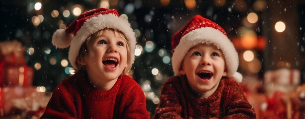 Twin boys in Santa Claus costumes smile happily in front of a Christmas tree to celebrate Christmas.