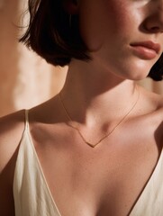 Woman wearing a gold chevron bar necklace jewelry
