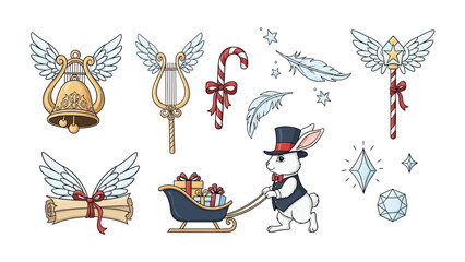 Whimsical Christmas Illustrations: A collection of delightful Christmas illustrations including a rabbit, sleigh, angel wings, bells, candy cane, and sparkling details.