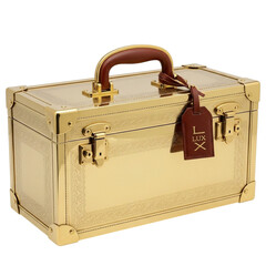 Luxury golden travel case with leather handle and tag isolated on transparent background
