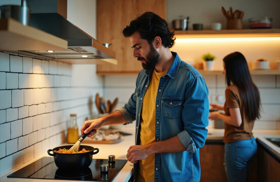 Man stirs food in pot on induction cooktop in stylish kitchen. Woman washes plates near sink. Young adult couple prepares evening meal together, enjoying home chores, healthy eating lifestyle.