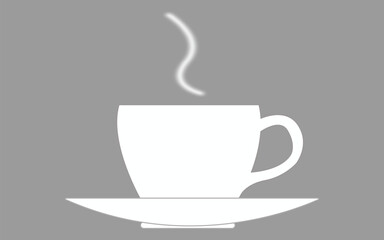 Simple white coffee cup and saucer with steam on a gray background