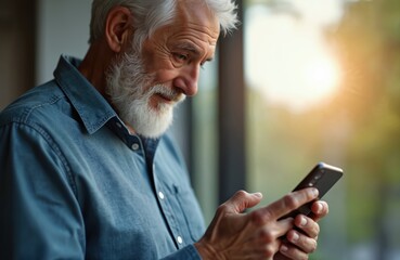 Elderly man uses smartphone for health tracking. Senior male checks fitness app on mobile device near window. Old person monitors wellness goals, engages with tech for healthy life.