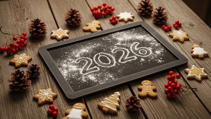 happy new year, new year's eve, silvester, new year, sparklers celebration greeting card, new year card - Year 2026 in sparkler font and firework fireworks pyrotechnic, on blue night sky background