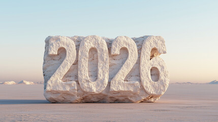 Number 2026 carved from ice sits on a flat surface in a vast open space under a clear sky during daylight hours