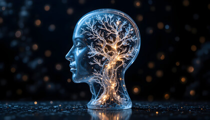 Stunning translucent human head profile illuminates inner growth with a glowing tree structure symbolizing consciousness and knowledge