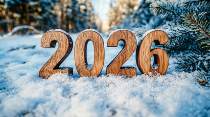 Wooden numbers representing the year 2026 in a snowy forest landscape during winter season