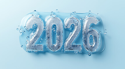 Water and ice form the number 2026 on a blue background with bubbles surrounding it in a simple and clear design