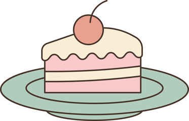 Slice of Cake with Cherry Illustration