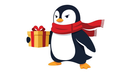 Gift-Bearing Penguin: An adorably fierce penguin, snugly wrapped in a vibrant red scarf, carries a beautifully wrapped gift, embodying the spirit of generosity. 