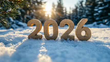 Wooden numbers representing 2026 stand in the snow with trees and sunlight in the background during winter