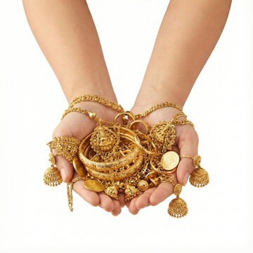 Top view handful of pure gold jewelry and ornaments cupped in female hands from elbow to hand isolated clean white background for gold loan asset and wealth visuals