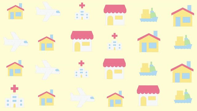 Colorful Home and Storefront Icons Pattern, Digital Graphic Design, Seamless Background, Flat Style, Abstract Illustration