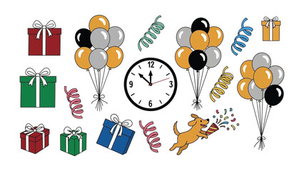 Festive Celebration Elements: An eye-catching collection of gifts, balloons, streamers, a clock, and a playful dog. conveying the sense of celebration, fun, and anticipation.