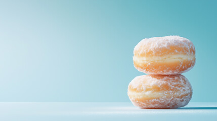 Fresh donuts stacked on a light blue surface with soft lighting in a kitchen or cafe setting