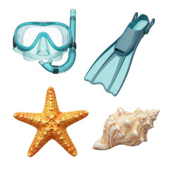 Underwater adventure gear mask, snorkel, fins, starfish, and shell isolated on transparent background