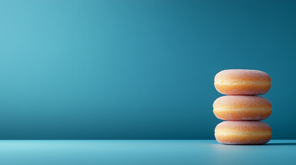 Stack of three plain donuts on a blue background, showcasing a simple dessert arrangement in a minimalist setting