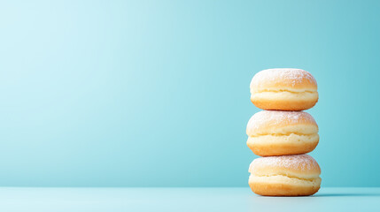 Three round pastries stacked on a light blue surface in a simple setting with minimal decoration