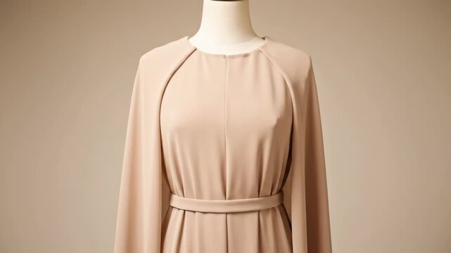 An elegant beige dress with a flowing cape is displayed on a mannequin. The sophisticated design features a cinched waist and graceful silhouette.