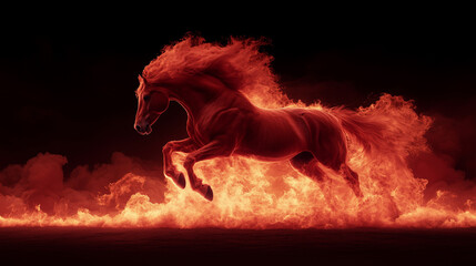 Horse running through flames at night in a dramatic scene with bright colors and intense atmosphere