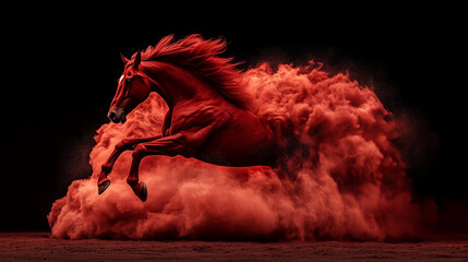 Horse jumps through red dust against black background in dynamic scene