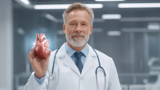 Professional doctor holding anatomical heart model in medical office setting for educational purposes and health awareness 4k video footage