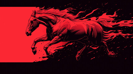 Horse running fast with fire and red background in an artistic style showcasing movement and energy during daytime