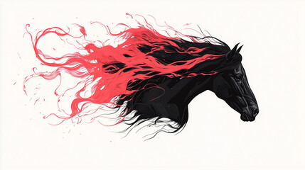 Black horse head with flowing red mane against a light background capturing artistic movement and expression