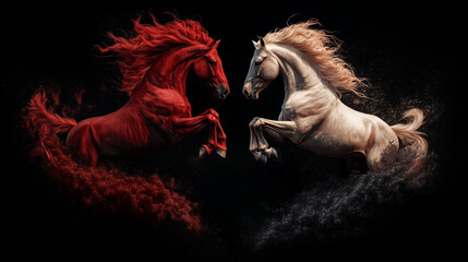 Two horses in motion, one red and one white, engaging in a dynamic display against a dark background during an artistic performance