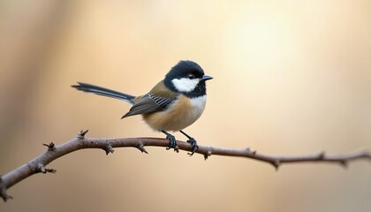 Naklejka premium A long tailed tit bird sits on branch in nature. The small bird has black white and brown plumage. Wildlife photo of the avian species. The background is blurred.