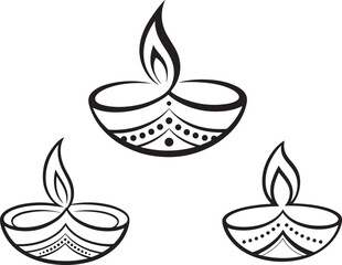 Stylized traditional indian oil lamps (diya) line art designs